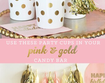 Pink and Gold Party Supplies Pink and Gold Party Cups Pink and Gold 1st Birthday Ideas for Girl Birthday Party (EB3114) - 25 Cups w/ Lids
