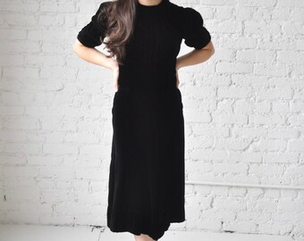 Maura dress • vintage 1940s black velvet dress • 40s puff sleeve velvet swing dress