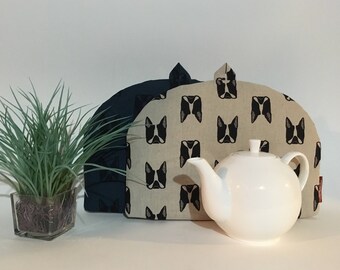 Teapot Cozy - "Hip French Bulldog", Linen Cotton Tea Cozy,