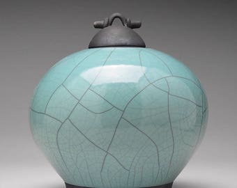 Large,Ceramic jar,Raku, turquoise green pottery lidded urn, Raku Jar with lid,large urn, large jar, ,handmade