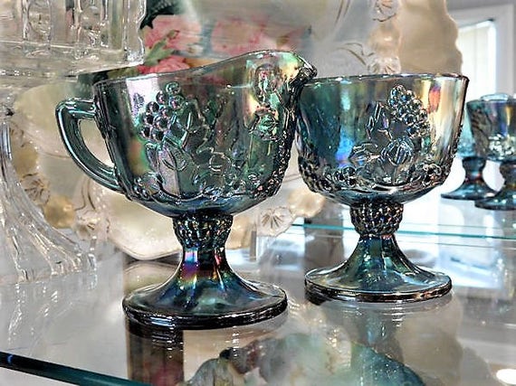 Sugar and Creamer Set / Indiana Harvest / Blue Iridescent Carnival Glass / Grape and Leaf