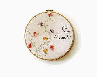Embroidered hoop art vintage floral vine reach