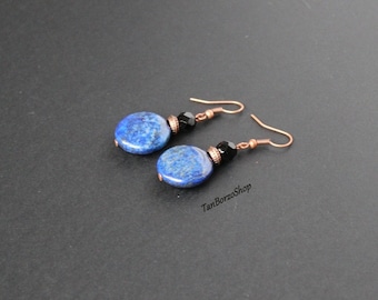 Blue gemstone earrings Lapis lazuli jewelry Dark blue earrings Black blue earrings Lapis lazuli earrings Blue stone earrings Copper fittings