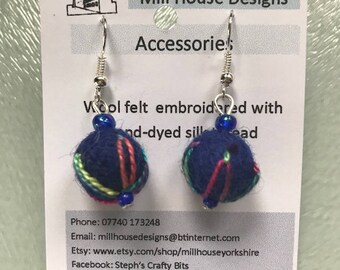 Embroidered wool felt bead earrings