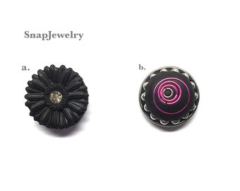 Snap Jewelry - Snaps made with Apoxie Sculpt; Black Sunflower w/crystal, Hot pink jump rings