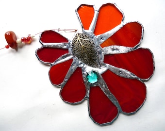 Stained Glass Flower Suncatcher - Red Leaf Flower with Carnelian - Red Orange with Brass Centerpiece