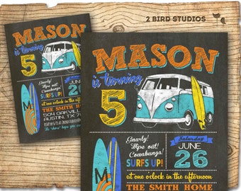 Surf invite - surfboard invitation with camper van - vintage beach summer party invite - vintage DIY printable invitation