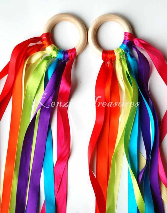 Set of 2 Rainbow Ribbon Hand Kite Made With 7 Different