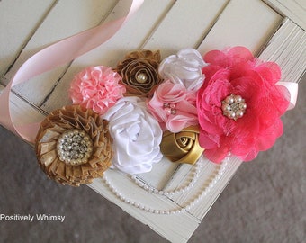 Hot Pink Gold Maternity Sash, Girl Maternity Sash, Pink Maternity Sash, Baby Shower Sash, Belly Sash, RTS, Hot Pink, Pink, Gold, White