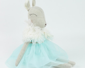 Handmade Deer Doll, Fawn Doll, Stuffed Deer, Stuffed Animal, Cloth Doll, Gray Linen Deer, TurquoiseTulle Dress
