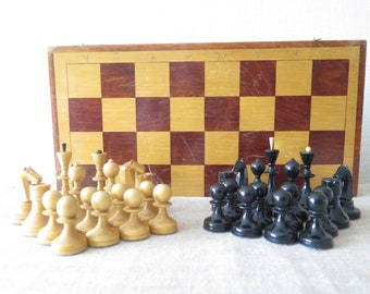 Complete Chess Set USSR Soviet Era Wood Chess, Large Chess Board: 40 x 40 cm / 15,7 x 15,7 inch, Board Game 70s Retro Russian Chess @239-10