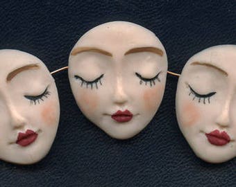 Angel Face Beads Lot of 3 One of a Kind 1 1/4 " x 1" Polymer Detailed Side Drilled BMC 1