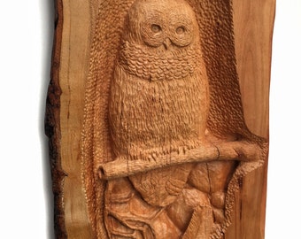 Owl Wood Carving, Cherry Wood, Hand Carved Wood Art, Wood Sculpture, Perfect Wood Gift, Wall Hanging Art, Wood Gift for Her, Handmade Wood