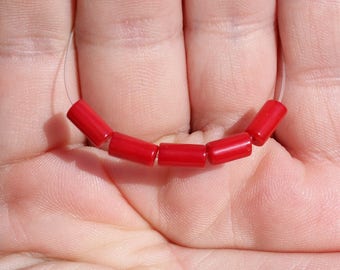 5 BEADS, RED CORAL TUBE 8 X 4 MM.