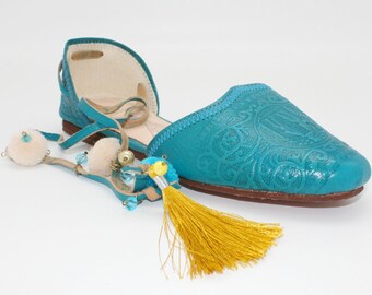 Boho leather flats women/teal leather flats/greek shoes/pom pom leather ballet flats