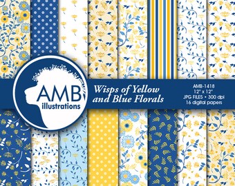 Shabby Chic paper, blue and yellow floral paper, floral Digital Papers, Shabby chic floral, floral pattern, commercial use, AMB-1418