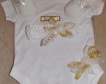 baby boots/ booties onsie and headband with designer ribbon
