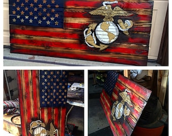 USMC American Flag, Marine Flag, Military, Armed Forces, Marine Wall Art, USA custom Wooden Flag, Wooden American Flag, Marine Art, Bar Art