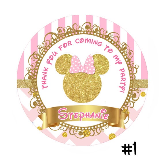 Pink and Gold Minnie Mouse Birthday round sticker Printable