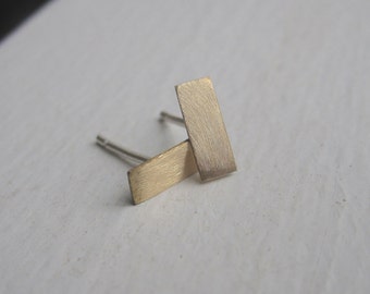 7mm x 3mm Short Flat Teeny tiny skinny brass thin rectangle bar stud earrings with sterling silver posts 0119