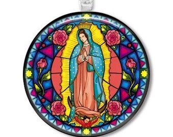 women's jewelry Sterling Silver Virgin Mary of Guadalupe Pressed Flower Pendant Necklace, 18"