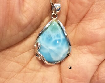 Large Tear drop Larimar pendant with 925 Sterling Silver and beautiful design - Dominican Larimar Calming Stone (D)