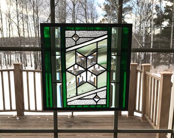 Green beveled Star Stained Glass panel, diamond bevel star, stained glass window, suncatcher, Tiffany glass, beveled glass panel, window art