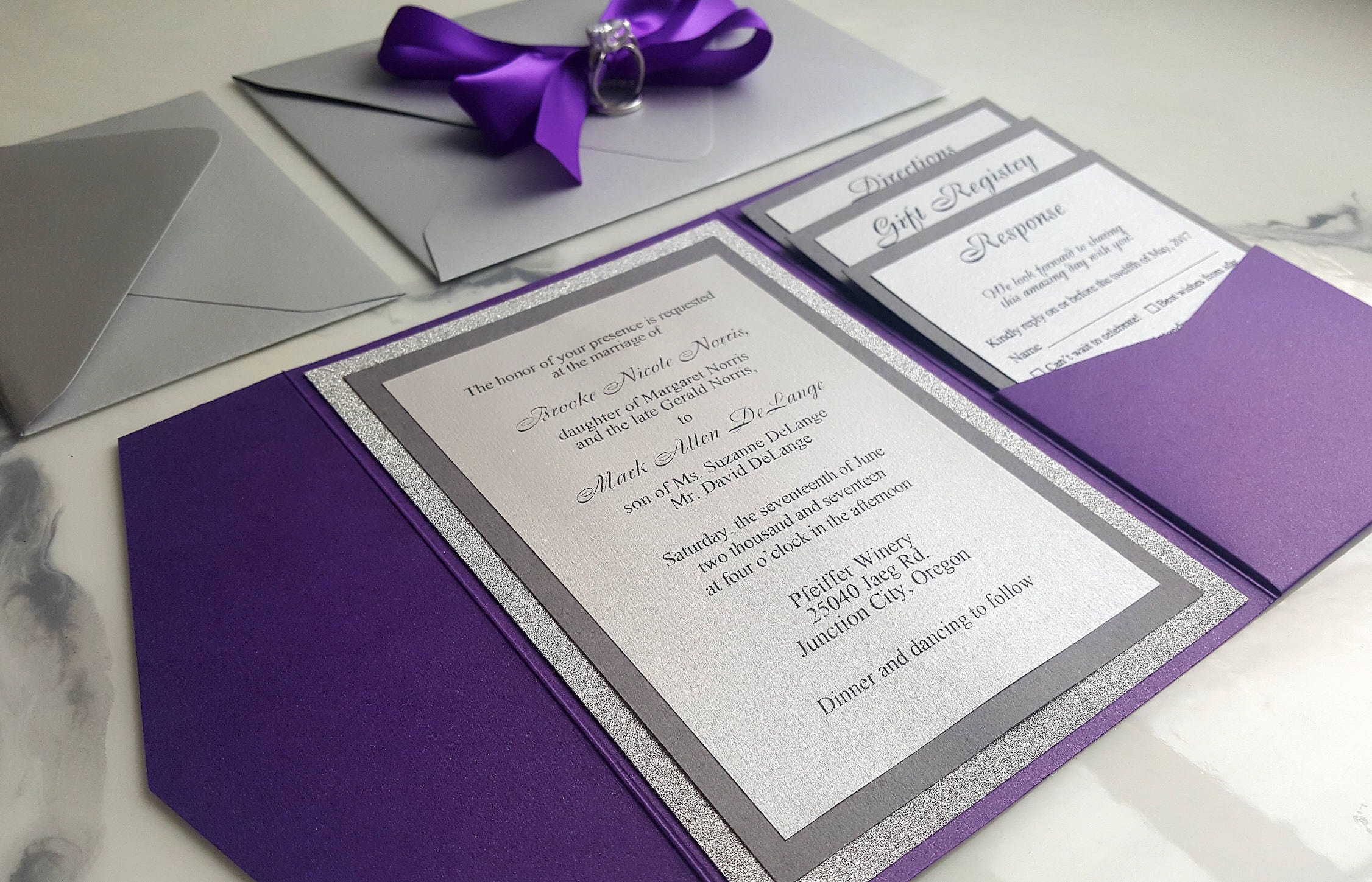 Purple Silver Wedding Invitations / Metallic Pocket Fold