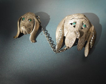 Vintage Hound Dog and Puppy Brooch- pewter-metal-gem stones
