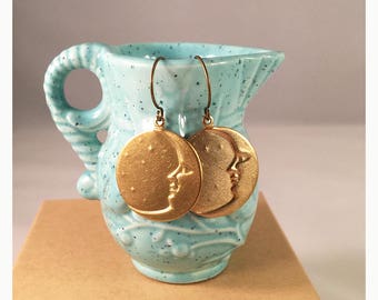 Gypsy moon goddess golden brass earrings. Golden moon face and stars earrings. Boho brass moon earrings. Celestial wicca brass earrings.