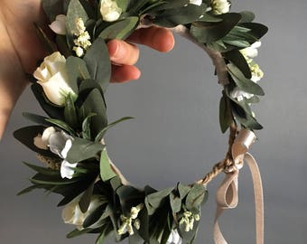 Tieback Halo Flower Crown Headband, Newborn Photo Prop, Tieback Flower Crown, Baby Flower Crown, Toddler Flower Crown, Flower Crown