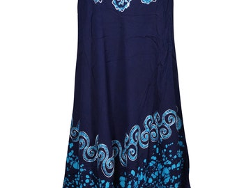 Navy Blue Flared Tank Dress Umbrella Marble Feel Batik Printed Boho Chic Summer Comfy Sundress XL