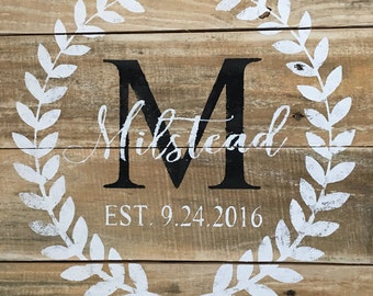 Last name on wood/ olive branch wreath/wedding gift/housewarming gift