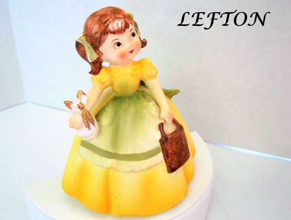 Lefton Girl Figurine, 50’s Ceramic School Girl, Yellow Dress, #KW4735 - original foil tag