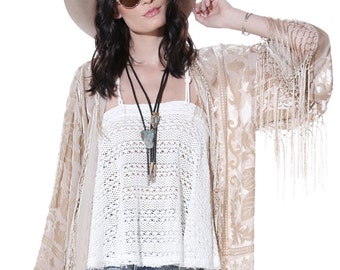 Gypsy Dreaming Floral Brocade Velvet Burnout Fringe Kimono - Beige