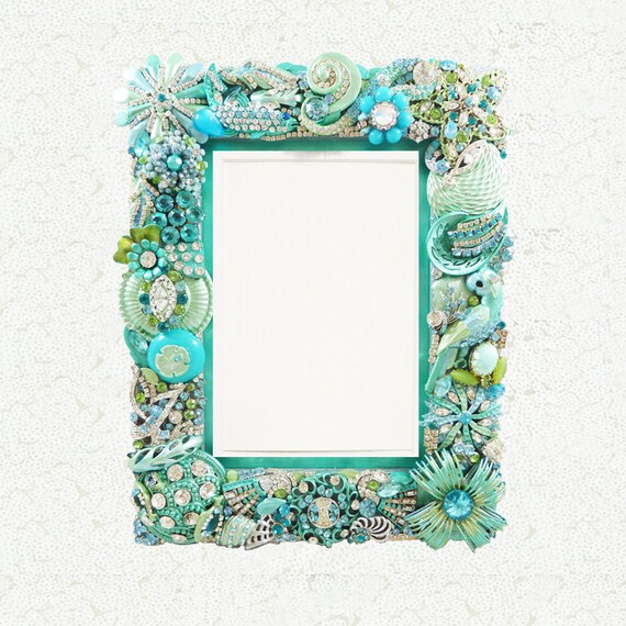 Great Gift Dazzling Jeweled Picture Frame Aqua Blue Vintage