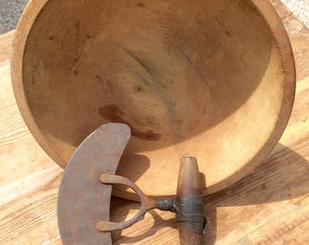 Primitive Herb Cutter and Hand Turned Bowl, Rustic and Farmhouse Decor