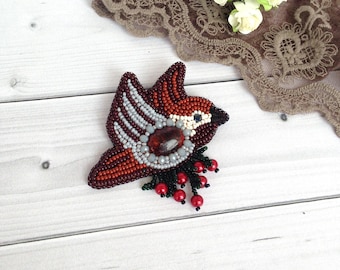 Brooch sparrow Sweet beadwork Bird beadwork Brown Gray Jewelry Gift for daughter Wife gift bird Boho Brooch