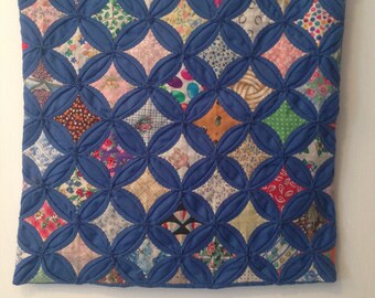 Vintage Handmade Cathedral Window Pillow Sham W/Royal Blue Lattice And Multi-Colored "Window Panes" --15" Square--Hand Quilted Pillow Sham