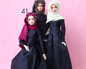 Handmade 3 color set of hijab made from crystal spandex hand sewing with 36 pearls and pin for muslim doll , barbie doll .FREE SHIPPING .