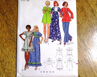 VINTAGE 1970s Baby Doll Dress / Mini Dress / BOHO Maxi Dress w/ Puff Sleeves - Size 12 (Bust 34") - UNCUT ff Sewing Pattern Butterick 3132