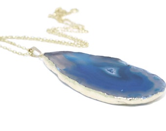 Agate Slice Necklace, Blue Agate Slice Necklace, Blue Geode Necklace, Blue Necklace, Semi Precious Gemstone Necklace