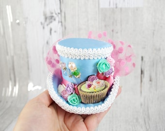 Light Blue, Pink, Mint and White Flower and Cupcake Cutout Small Mini Top Hat Fascinator, Alice in Wonderland, Mad Hatter Tea Party
