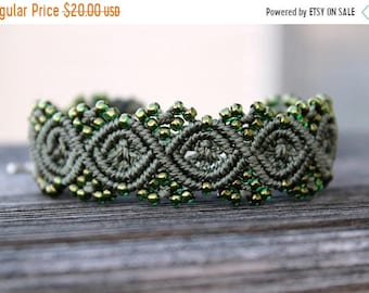 SALE Micro-Macrame Beaded Cuff Bracelet - Dark Olive