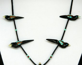 Hand Carved Turquoise Pipestone Jet Sterling Silver 5 Raven Bird Fetish Necklace - Matt Mitchell