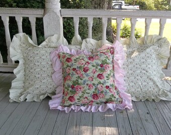 Set Ruffled Pillow Shams Pink Floral Pillows Ruffled Bed Pillows Handmade Decorative Pillows Cottage Chic Porch Pillows READY to SHIP