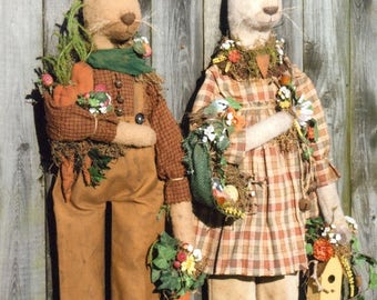 Primitive cloth doll PATTERN - Prim Bunnies Welcome Spring HHF 344