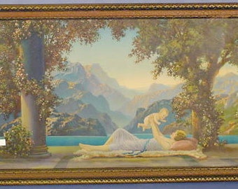 Vintage Lithograph in Original Art Deco Frame, Love's Paradise, R. Atkinson Fox, ca 1920s