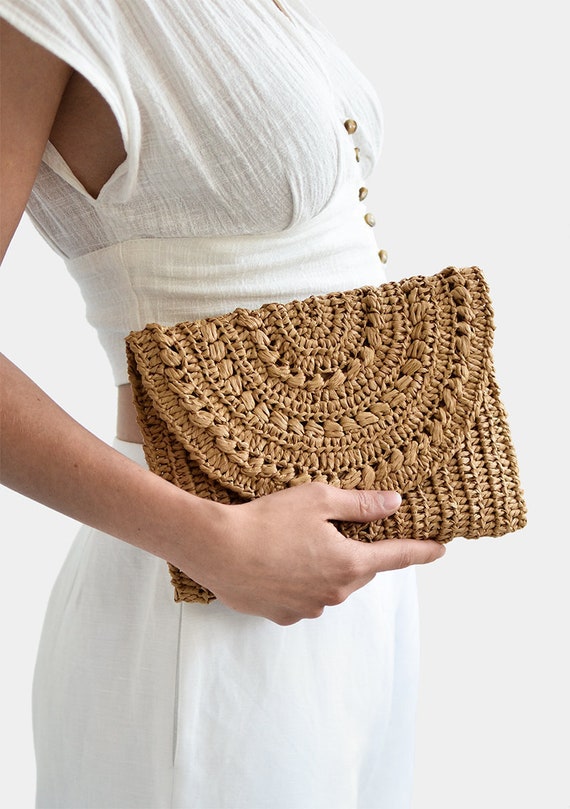 Crochet Raffia Clutch Purse, Straw Summer Bag, Raffia Clutch Handbag, Tan Crochet Summer Bag, Crochet Straw Clutch, Summer Crochet Bag - Summer Crochet