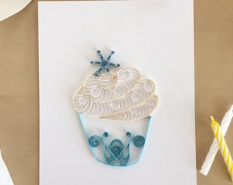 Quilling Paper White and Blue Cupcake with Snowflake Home Decor, Cupcake Art, Winter Decor, Bakery Art, Frozen Inspired Art
